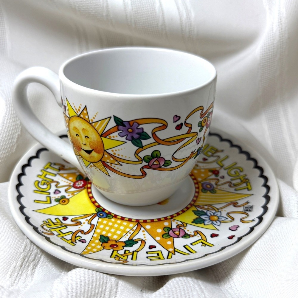 Mary Engelbreit Live in the Light Cup and Saucer Set Sun Floral Ceramic Mug